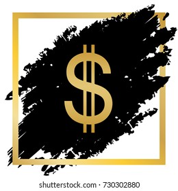 United states Dollar sign. Vector. Golden icon at black spot inside golden frame on white background.