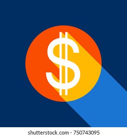 United states Dollar sign. Vector. White icon on tangelo circle with infinite shadow of light at cool black background. Selective yellow and bright navy blue are produced.