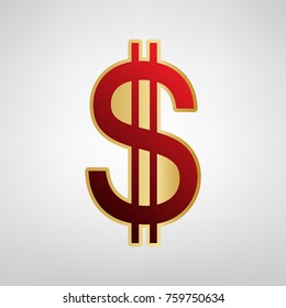 United states Dollar sign. Vector. Red icon on gold sticker at light gray background.