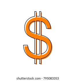 United states Dollar sign. Vector. Black line icon with shifted flat orange filled icon on white background. Isolated.