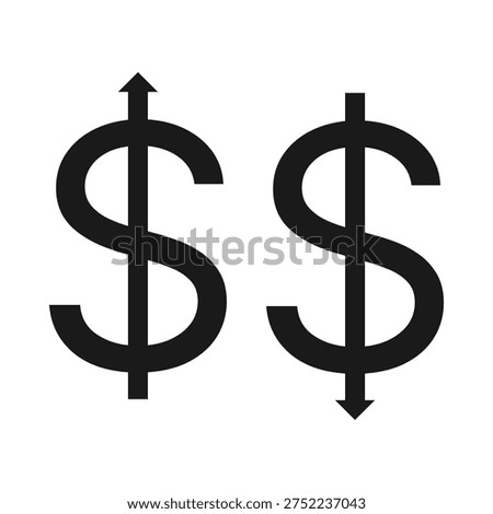 United States dollar up, down arrows. Two pointing USD money symbols. Isolated on a white background.