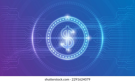 United States Dollar (USD) Currency Symbol Futuristic Neon Glow Cybernetic Digital Circuit Cryptocurrency Backdrop Background Design Illustration