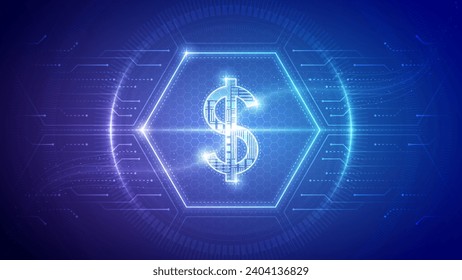United States Dollar (USD), Futuristic Currency Finance Symbol, Hologram Cybernetic Neon Glow Translucent Circuit Board Digital Technology Hexagon Block Backdrop Background