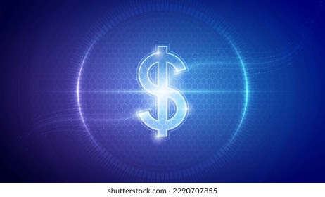 Símbolo de signo de dólar estadounidense (USD) Holograma futurista Neon Glow Cybernetic Digital Circuit Currency Cryptocurrency Exchange Trading Backdrop Design Vector de fondo