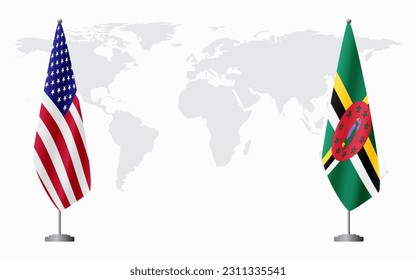 United States and Dominica flags for official meeting against background of world map.