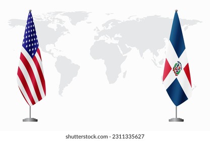 United States and Dominican flags for official meeting against background of world map.