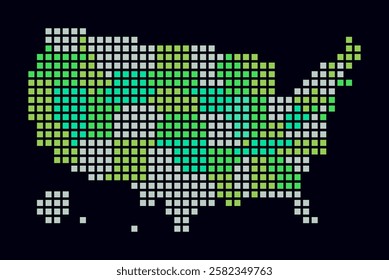 United States dotted map. Digital style map of the country on a dark background. United States shape with square dots. Colored dots style. Large size squares. Classy vector illustration.