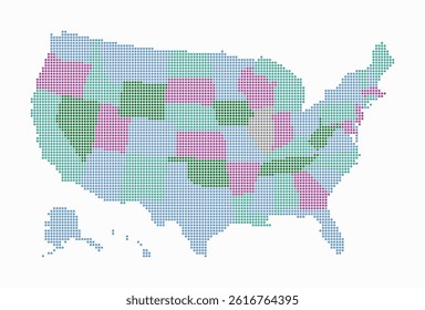 United States dotted map. Digital style map of the country on white background. United States shape with square dots. Colored dots style. Small size squares. Artistic vector illustration.