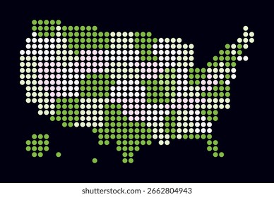 Estados Unidos mapa pontilhado. Mapa de estilo digital do país sobre fundo escuro. Forma dos Estados Unidos com pontos circulares. Estilo de pontos coloridos. Círculos grandes. Ilustração do vetor de tendências.