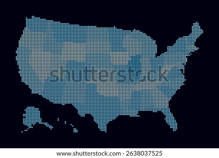 United States dotted map. Digital style map of the country on dark background. United States shape with circle dots. Colored dots style. Small size circles. Awesome vector illustration.