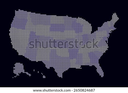 United States dotted map. Digital style map of the country on a dark background. United States shape with square dots. Colored dots style. Small-sized squares. Artistic vector illustration.