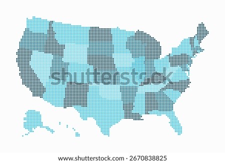 United States dotted map. Digital style map of the country on white background. United States shape with circle dots. Colored dots style. Small size circles. Trending vector illustration.