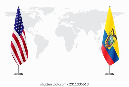 United States and Ecuador flags for official meeting against background of world map.