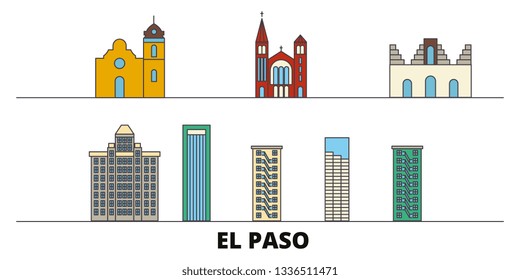 United States, El Paso flat landmarks vector illustration. United States, El Paso line city with famous travel sights, skyline, design. 