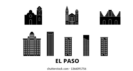 United States, El Paso flat travel skyline set. United States, El Paso black city vector panorama, illustration, travel sights, landmarks, streets.