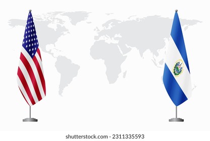 United States and El Salvador flags for official meeting against background of world map.