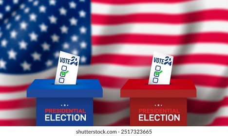 United States elections. US elections 2024. Template elections to US 2024, preparation of vote against the background of a blurred American flag. Design Electoral Bulletin.