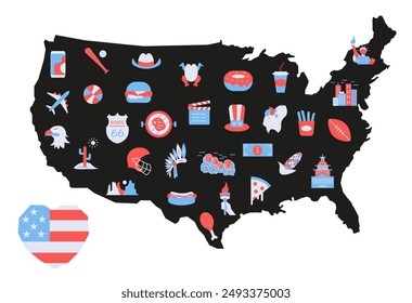 United States elements illustration. USA symbol icons in flag colors on territory background. EPS 10.