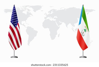 United States and Equatorial Guinea flags for official meeting against background of world map.