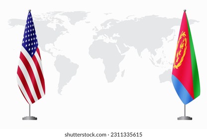 United States and Eritrea flags for official meeting against background of world map.
