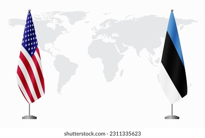 United States and Estonia flags for official meeting against background of world map.