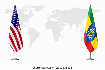 United States and Ethiopia flags for official meeting against background of world map.