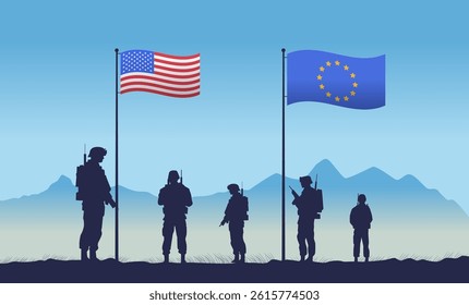 United States European Union trade war soldiers confrontation military standoff flags mountain landscape blue background banner