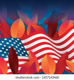 United States fall season banner with red and orange leaves and USA flag. vector illustration.