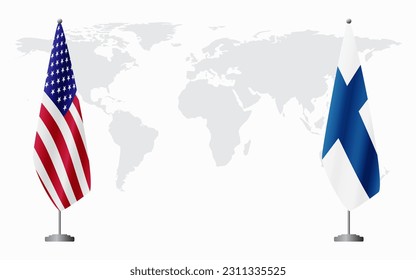 United States and Finland flags for official meeting against background of world map.
