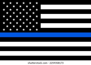 United States flag black and white with blue line. Police Support Symbol