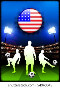 Botón de bandera de Estados Unidos con partido de fútbol en el estadio Ilustración original