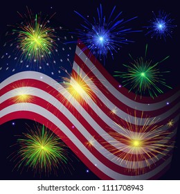 United States flag and celebration blue, golden, green, red fireworks vector background. Independence Day, 4th of July holidays salute greeting card.