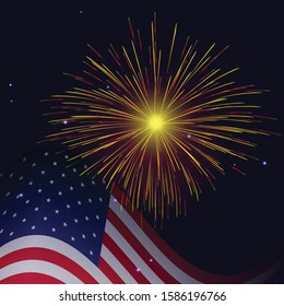 United States flag and celebration golden red fireworks vector background. Independence Day, 4th of July holidays salute greeting card.