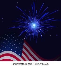 United States flag and celebration light blue fireworks vector background. Independence Day, 4th of July holidays salute greeting card.