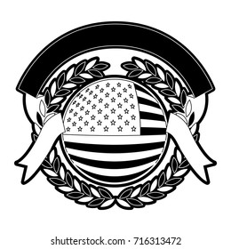 united states flag in circular shape inside with circular olive branch edge and ribbon on top with folds in monochrome silhouette vector illustration