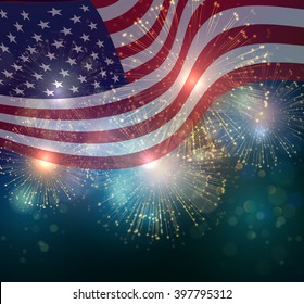 United States Flag. Fireworks Background For USA Independence Day. Fourth Of July Celebrate. Independence Day Fireworks And Flag. USA Flag And Fireworks. 4th Of July Background With Flag And Fireworks