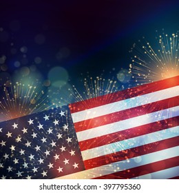 United States flag. Fireworks background for USA Independence Day. Fourth of July celebrate. Independence Day fireworks and flag. USA flag and fireworks. 4th of July background with flag and fireworks