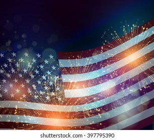 United States flag. Fireworks background for USA Independence Day. Fourth of July celebrate. Independence Day fireworks and flag. USA flag and fireworks. 4th of July background with flag and fireworks