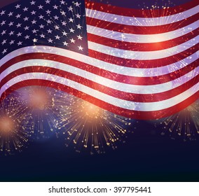 United States flag. Fireworks background for USA Independence Day. Fourth of July celebrate. Independence Day fireworks and flag. USA flag and fireworks. 4th of July background with flag and fireworks