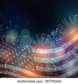 United States flag. Fireworks background for USA Independence Day. Fourth of July celebrate. Independence Day fireworks and flag. USA flag and fireworks. 4th of July background with flag and fireworks