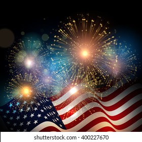 United States Flag. Fireworks Background For USA Independence Day. Fourth Of July Celebrate.