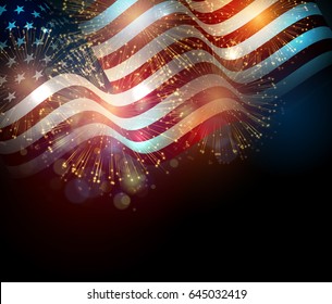 United States flag. Fireworks background for USA Independence Day. Fourth of July celebrate