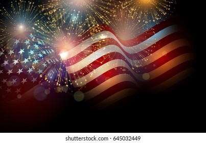 United States flag. Fireworks background for USA Independence Day. Fourth of July celebrate