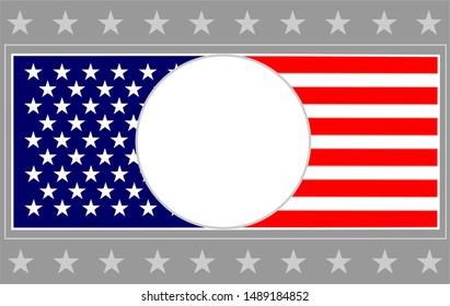 United States flag frame card with round empty space for text.