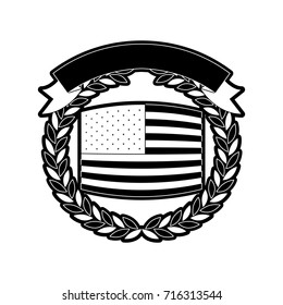 united states flag with half crown of olive branches with ribbon on top in monochrome silhouette vector illustration