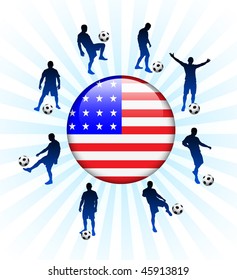United States Flag Icon on Internet Button with Soccer Players Original Vector Illustration