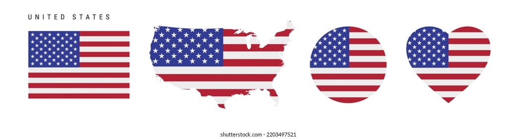 United States flag icon set. American pennant in official colors and proportions. Rectangular, map-shaped, circle and heart-shaped. Flat vector illustration isolated on white.