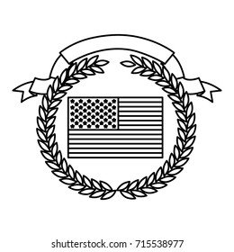 united states flag inside of circle of olive branches with ribbon on top in monochrome silhouette vector illustration