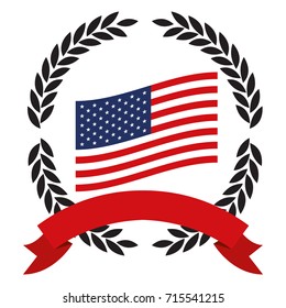 united states flag inside of circle of black olive branches and red ribbon on bottom vector illustration