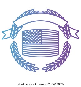 united states flag inside of circle olive branches with ribbon on top in color gradient silhouette from purple to blue vector illustration